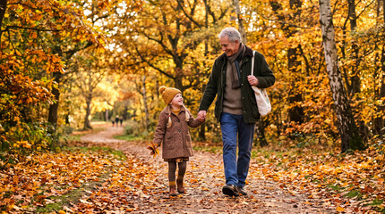 Fototapeta premium An elderly man and a young girl walking hand in hand along a path covered in fallen golden ad social media download thambnail poster web template event festival 2026 2027 2028