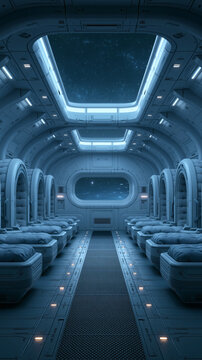 A view inside a futuristic spaceship cabin showing rows of sleeping pods illuminated by soft blue lights with a large window looking out into deep space
