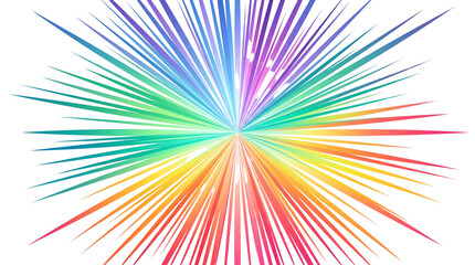 Obraz premium Rainbow starburst explosion with vibrant light rays, colorful radial zoom effect on white background, dynamic sunburst pattern for celebration and energy