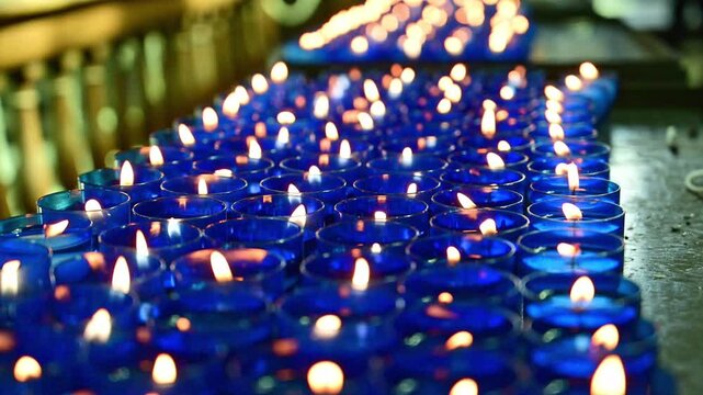 Close-up of lit prayer candles inside a church with the camera moving sideways. Blue glass candle holders and burning flames creating a devotional atmosphere.