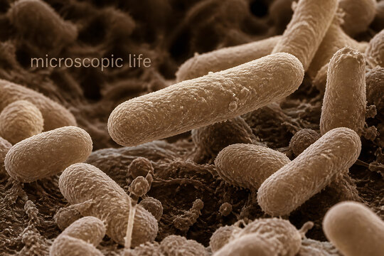 Bacteria and microorganisms are visible under a microscope in a dense, textured environment.