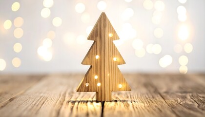 Naklejka premium Árbol de Navidad minimalista de madera con pequeñas luces sobre mesa rústica y fondo luminoso desenfocado