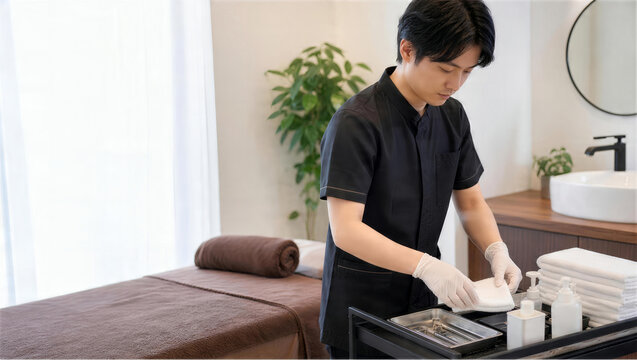フェイシャル施術前に美容器具を衛生的に準備する男性スタッフ