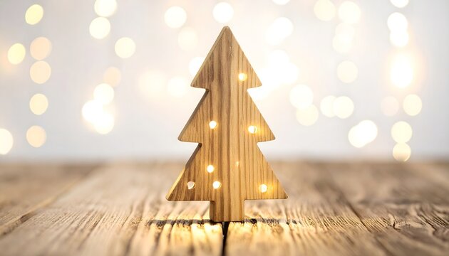 &Aacute;rbol de Navidad minimalista de madera con peque&ntilde;as luces sobre mesa r&uacute;stica y fondo luminoso desenfocado