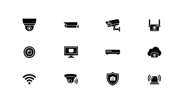 Modern security technology icons set with arranged clean grid layout against neutral background technology equipment with representing various security