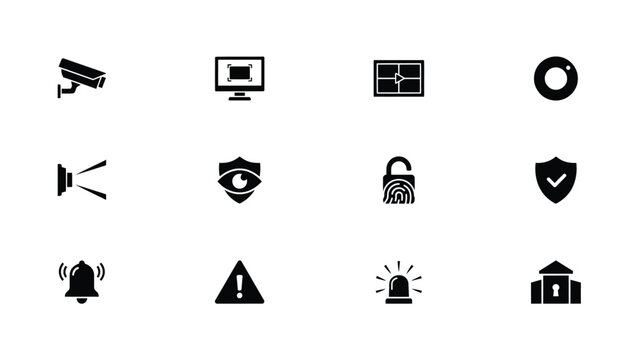 Modern minimalist security technology icons set on light background with high contrast black white icons representing various security surveillance technologies arranged clean