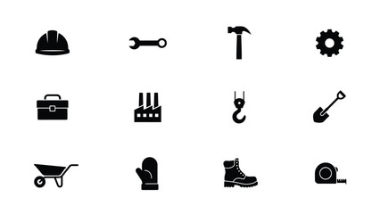 Fototapeta premium Professional construction tools and safety gear icon set in minimalist black design with representing essential construction silhouette icons