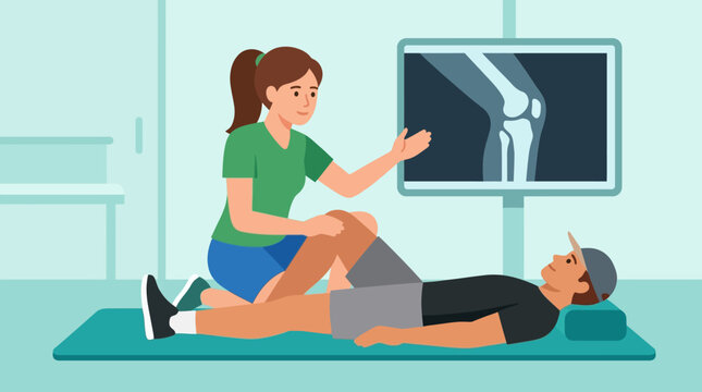 Physical therapist examines a patient's knee injury while reviewing diagnostic imaging on a digital monitor.