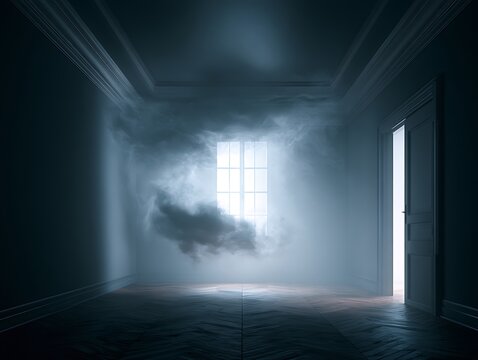 Mysterious empty room with fog and light from window