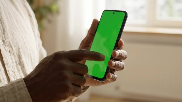 Close-up of person using smartphone with green screen for app mockup and digital interface integration png. ai generated
