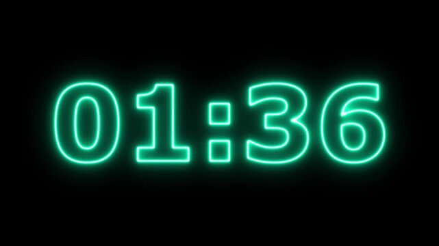 Abstract glowing neon 1 minute 45 second countdown animation from 105 seconds to 0 seconds on a black background. time countdown timer. 