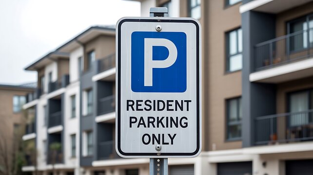 Resident parking only sign in front of modern apartment buildings