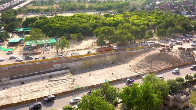 Aerial view of road construction in Delhi NCR. Infrastructure development in Noida Ghaziabad.