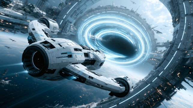 A futuristic white spaceship travels through a glowing portal in deep space near a large orbital station with a bright blue energy ring in the background