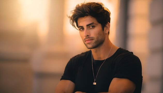 Retrato de hombre joven con camiseta negra y expresi&oacute;n seria en exterior urbano con luz c&aacute;lida y fondo desenfocado