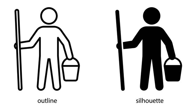 Cleaning Service Iconography: A pair of minimalist icons depicting a person holding a mop and bucket, one in outline and the other as a silhouette.