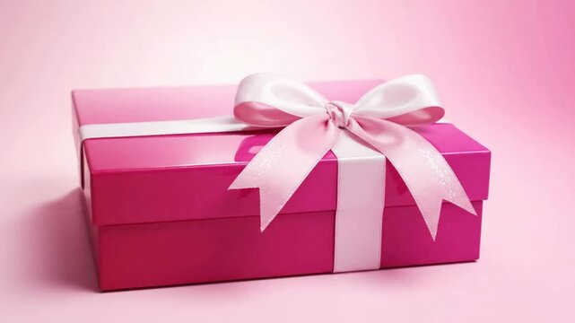 Pink gift box with white ribbon bow isolated on pink background, holidays, birthdays, and special occasion celebrations png. ai generated