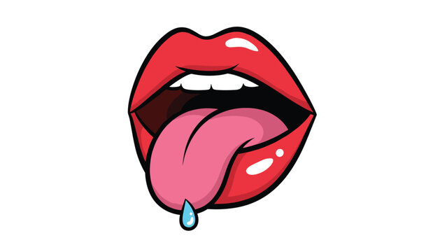 Sexy red lips sticking out tongue with a single water droplet representing thirst or hunger pop art vector icon.