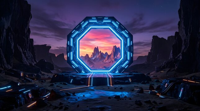 Futuristic glowing portal in a desert landscape celebrating a happy halloween night with mystical atmosphere and neon lights