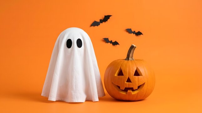 A cute ghost and a carved jack o lantern pumpkin celebrating a festive happy halloween holiday scene
