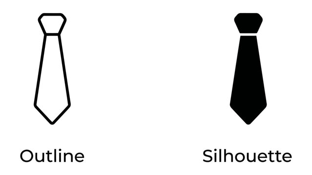 Necktie Icon: A minimalist depiction featuring a classic necktie represented as both an outline and a solid silhouette, symbolizing formality and professional attire.