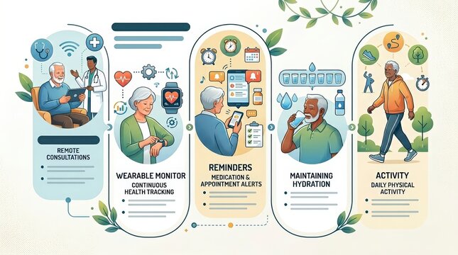 Infographic of digital healthcare and daily routine for seniors. Timeline of telemedicine, wearable monitoring, medication reminders, and physical activity