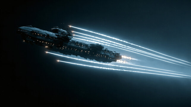A large futuristic spaceship travels through deep space while firing multiple bright energy beams across the dark void of the universe in a cinematic science fiction scene