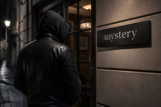 A person in a black leather jacket stands near a door marked "mystery" in a dimly lit setting.