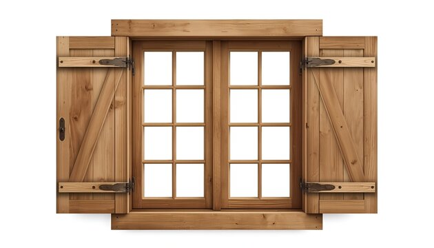 Rustic wooden window frame with open shutters architecture isolated background exterior building carpentry construction traditional material interior structure residential