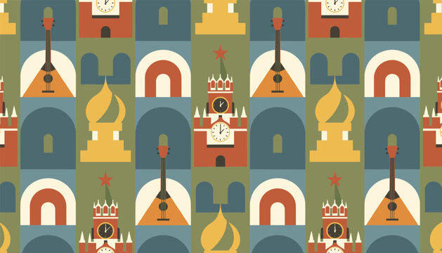 Russian culture seamless pattern with Moscow Kremlin towers, balalaika musical instruments, and traditional domes.