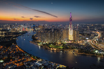 Fototapeta premium Aerial view of the skyline and nightscape of Ho Chi Minh City, Vietnam