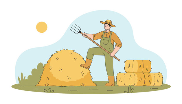 Proud male farmer holding a pitchfork while resting his foot on a large haystack in a sunny rural countryside field.