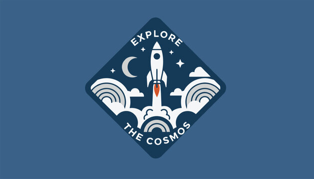 Diamond shaped space exploration patch showing a rocket launching into the night sky over clouds and a crescent moon.