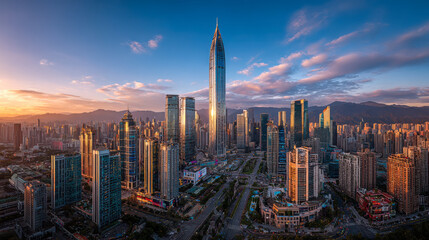 Obraz premium Sunset view of a modern city skyline with tall buildings and busy streets in a vibrant urban setting during dusk