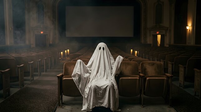 A spooky ghost wearing a white sheet sitting in a dark abandoned theater for a happy halloween theme