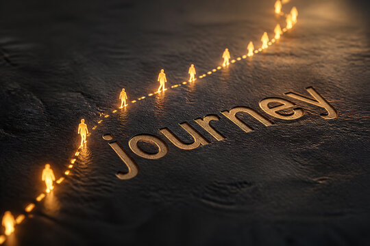 Small figures walk along a glowing path spelling out the word journey on a dark surface.