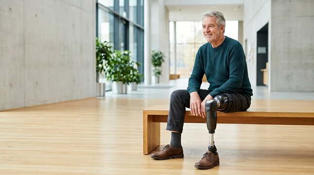 Smiling senior man with prosthetic leg sitting on wooden bench. Older male amputee resting in modern indoor hallway