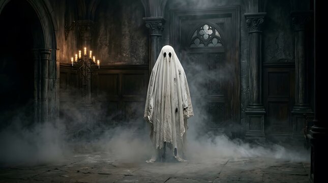 A spooky ghost standing in a dark haunted castle hallway for a happy halloween themed background design