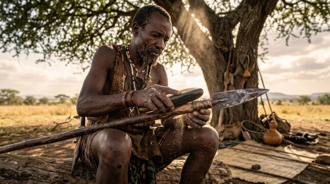 Elderly African man sharpening a traditional spear under a tree
