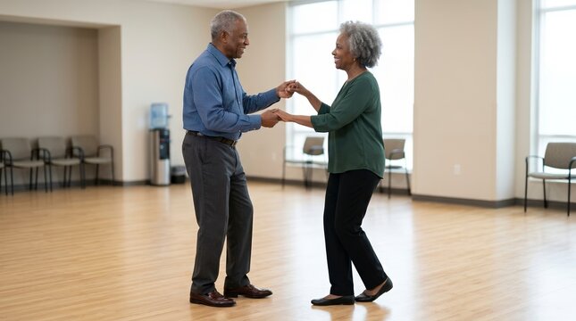 Happy senior African American couple dancing in studio. Older husband and wife holding hands and smiling on wooden floor. Active retirement lifestyle