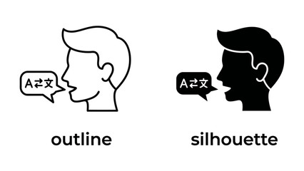 Language Translation Icons: Two icons representing language translation, one in outline and the other in silhouette. © Md