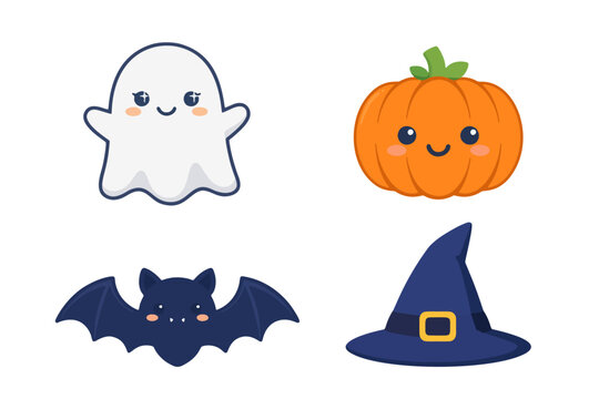Adorable Halloween themed cartoon icons collection featuring a cute ghost, happy pumpkin, friendly bat, and classic witch's hat, perfect for festive seasonal designs