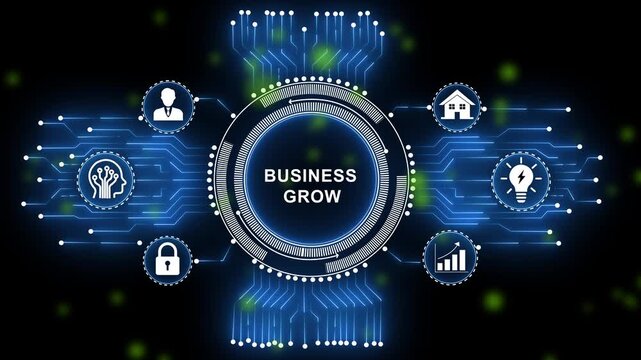 Digital business growth concept featuring animated hud interface with integrated for strategy, innovation, corporate security, and financial success in a modern high-tech environment