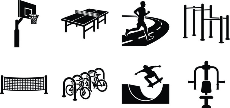 Outdoor Sports and Fitness Equipment Icon Set Vector Featuring Basketball Hoop, Ping Pong Table, and Skatepark