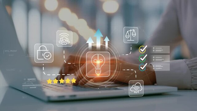 Female business professional in modern office managing inclusive innovation with animated light bulb icon, organizational growth, collaborative leadership and digital transformation strategy