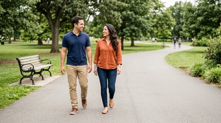 Obraz premium Happy couple walking and talking on a park path. Smiling man and woman strolling together in green public park. Healthy lifestyle and relationship concept
