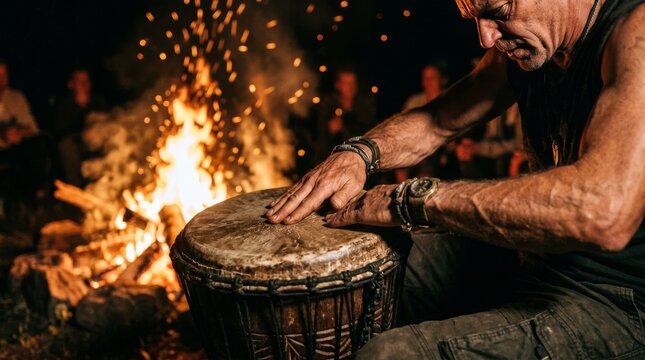 Man playing djembe drum by a warm campfire at night
