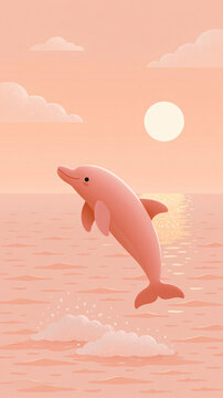 A cute pink dolphin jumps out of the calm ocean water during a beautiful sunset with a soft glowing sun and clouds in the sky