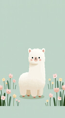 Fototapeta premium A cute white alpaca stands in a field of colorful flowers in this simple and cheerful illustration for children