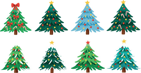 Set of decorated Christmas trees with ornaments stars bows and candy canes isolated on white background vector illustration collection © Liton